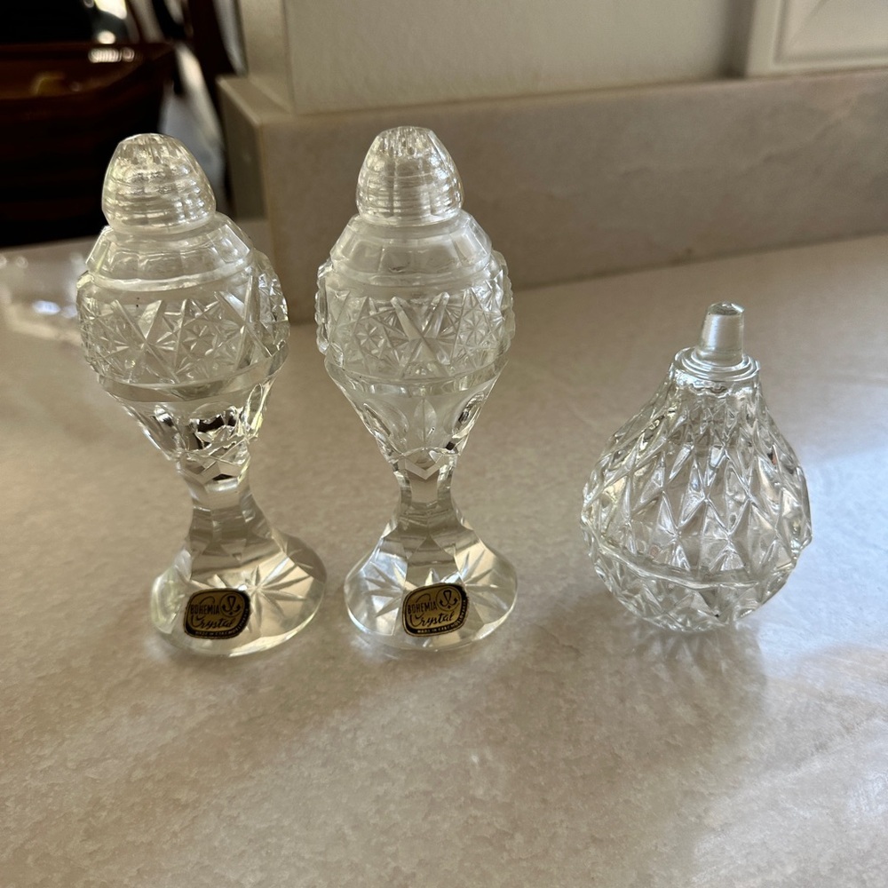 Bohemia crystal salt and pepper shakers and small dish